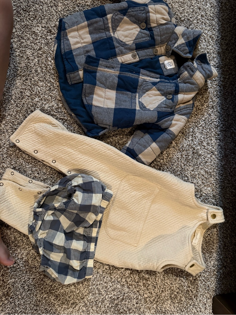 Pehr quilted Cream Overalls with GAP Blue Plaid Shirt & Pehr Diaper Cover